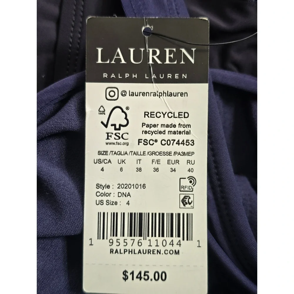 NWT Lauren Ralph‎ Lauren One Piece Swimsuit Navy Blue Ruched Underwire  Size 4
